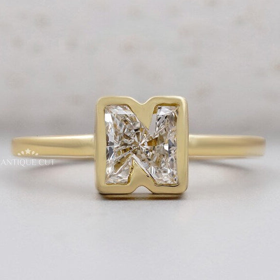 N letter ring lab grown diamond bezel yellow gold