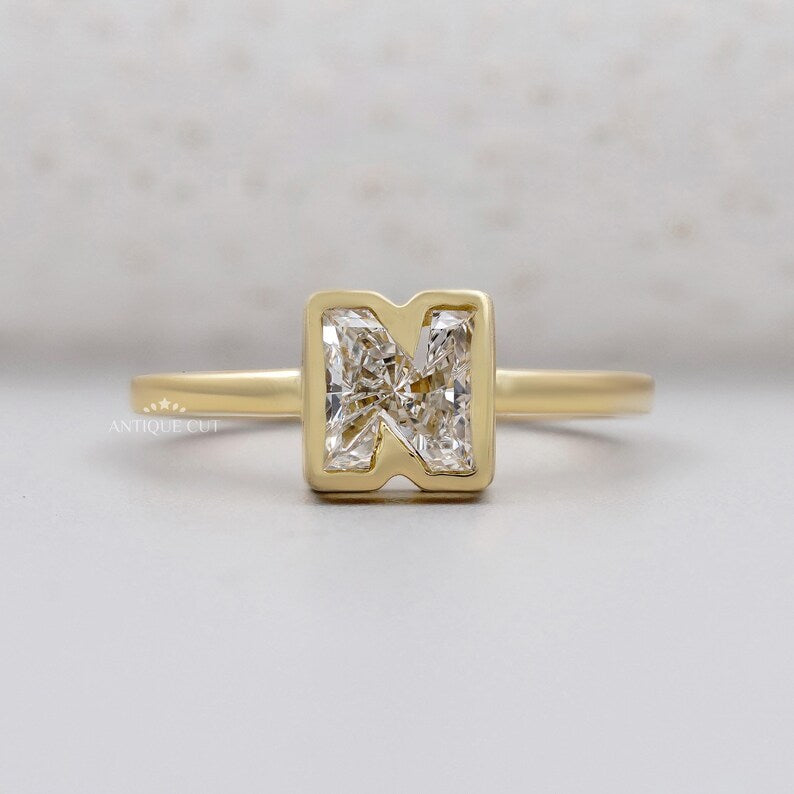 N letter ring lab grown diamond bezel yellow gold