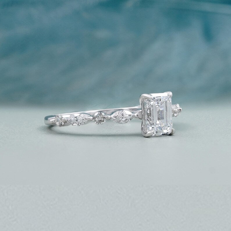 Lab grown emerald cut diamond ring white gold pave band