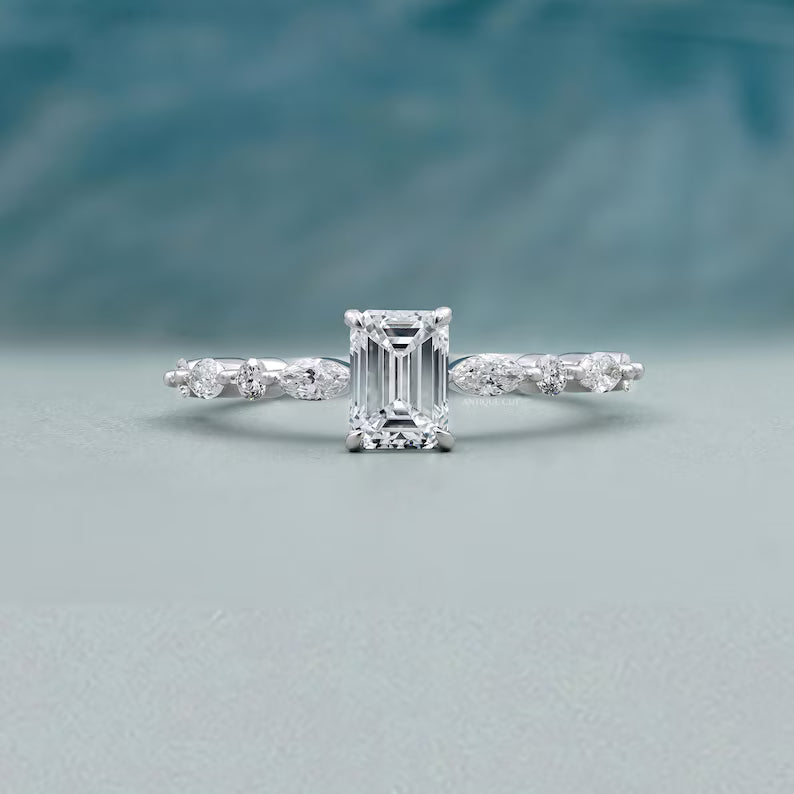 Emerald cut engagement ring white gold pave diamonds lab grown