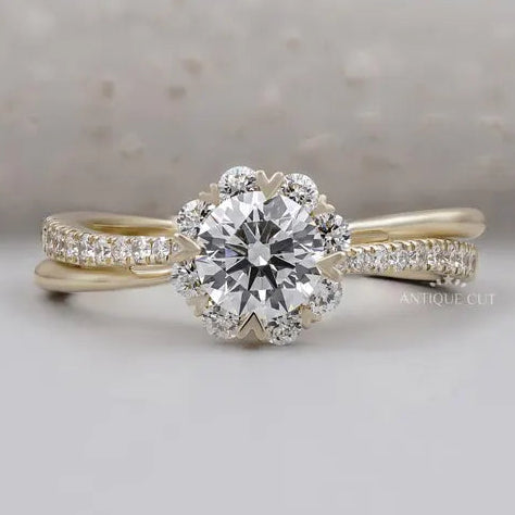 Round cut engagement ring with floral halo