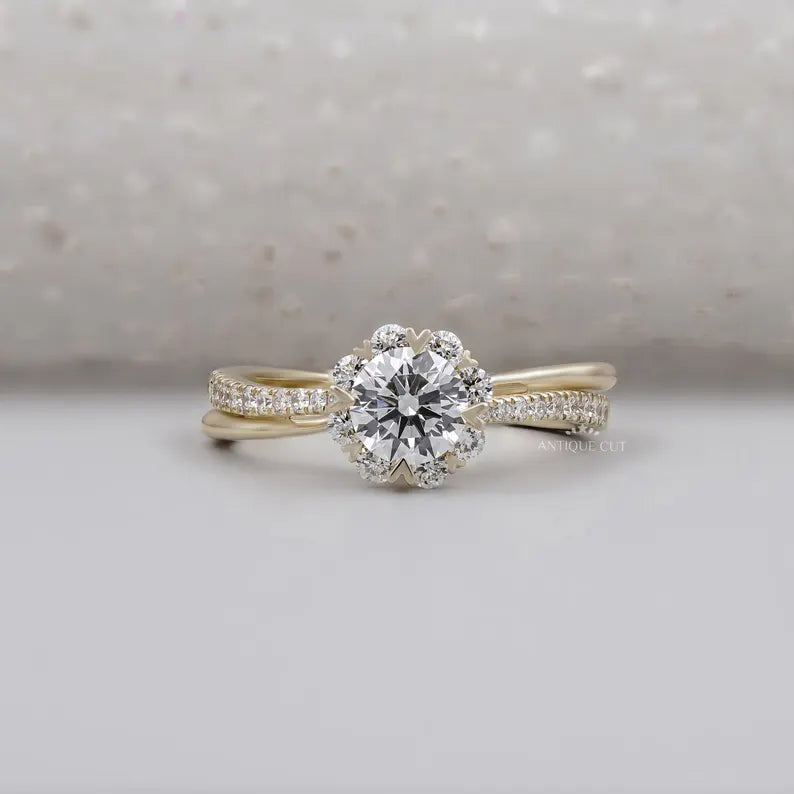 Round cut engagement ring with floral halo