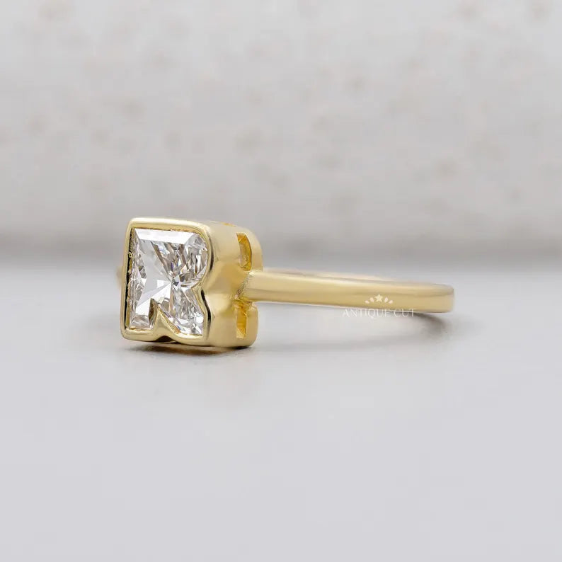 R initial engagement ring bezel set design