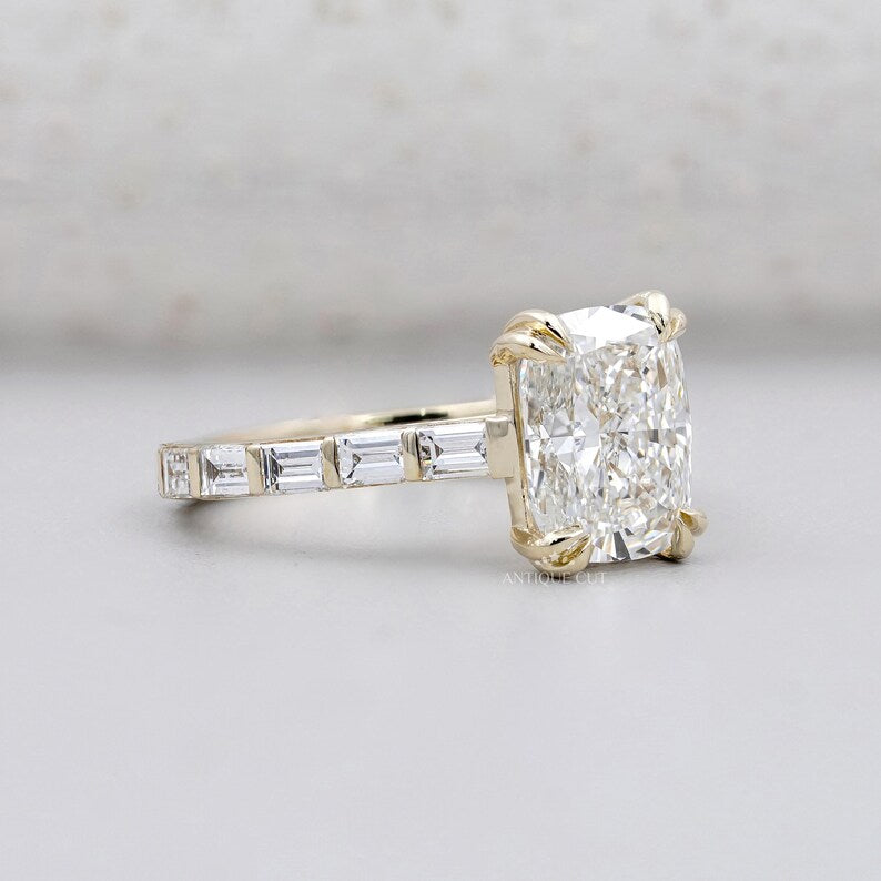 Lab-grown cushion diamond ring with pavé band IGI certified