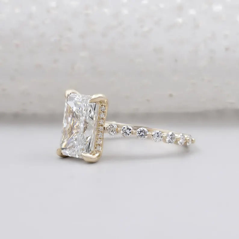 Radiant Cut Engagement Ring | Diamond Hidden Halo Pave Band in Yellow Gold