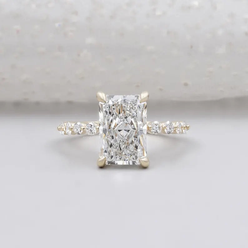 Radiant Cut Engagement Ring | Diamond Hidden Halo Pave Band in Yellow Gold