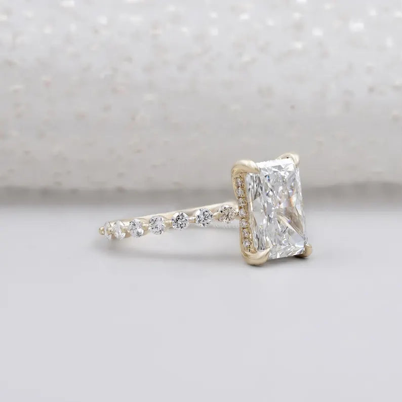 Radiant Cut Engagement Ring | Diamond Hidden Halo Pave Band in Yellow Gold