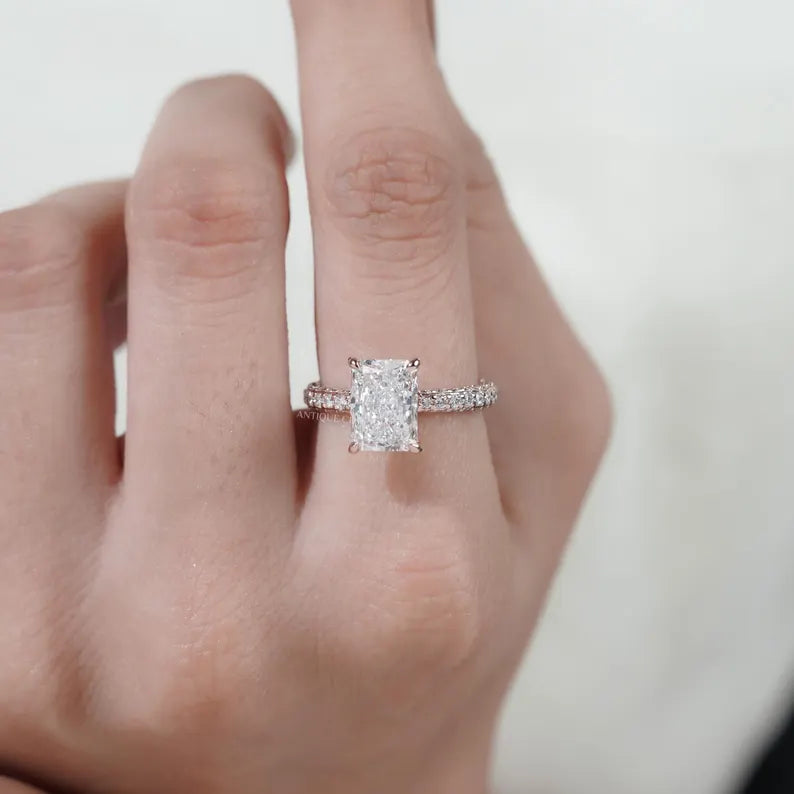 Timeless radiant cut diamond ring hidden halo pave band