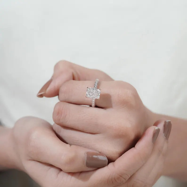 Statement radiant cut diamond ring hidden halo pave gold