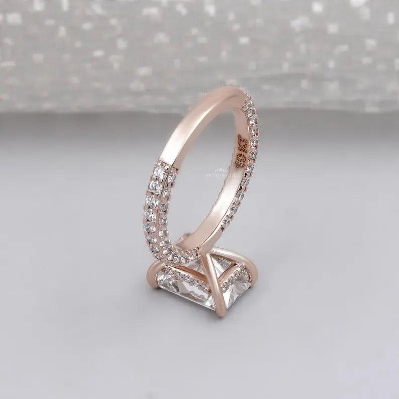 Luxury radiant diamond ring rose gold pave band hidden halo