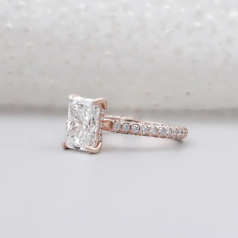 Lab grown radiant cut diamond ring hidden halo rose gold