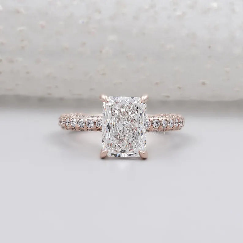 Radiant cut engagement ring rose gold hidden halo pave band