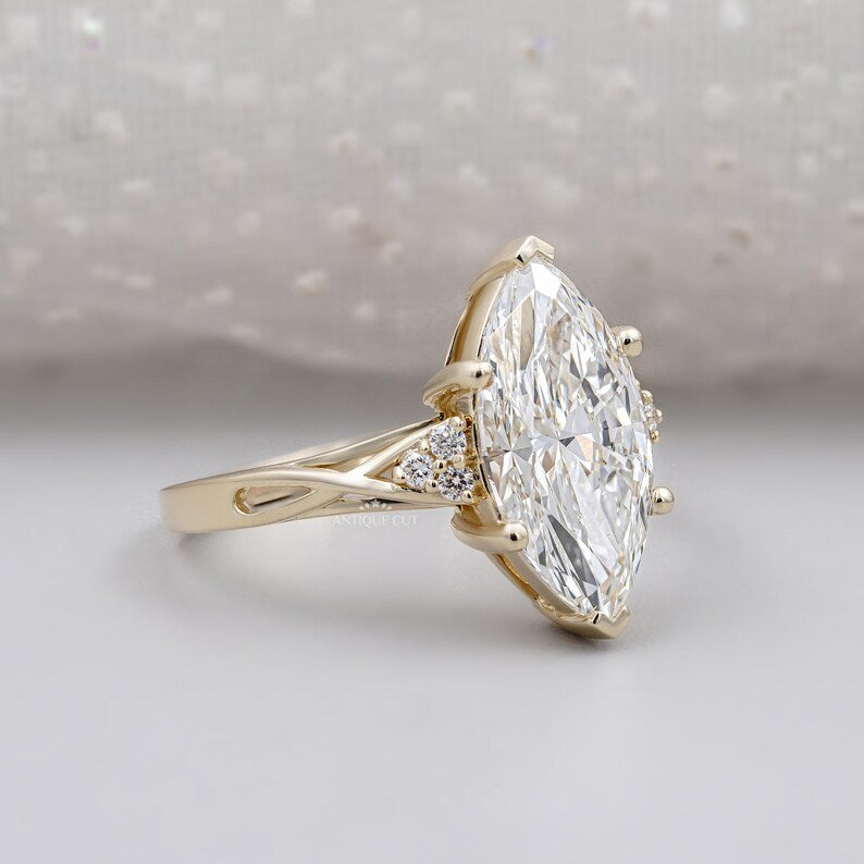 Lab grown marquise diamond ring yellow gold vintage style
