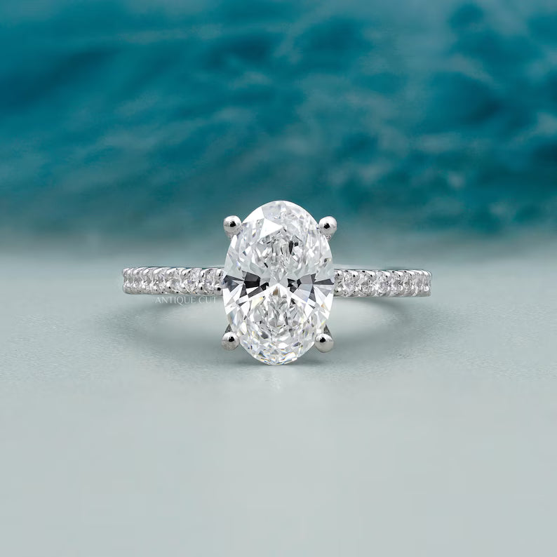 Oval Cut Diamond Ring with Pave Band in White Gold | IGI Certified