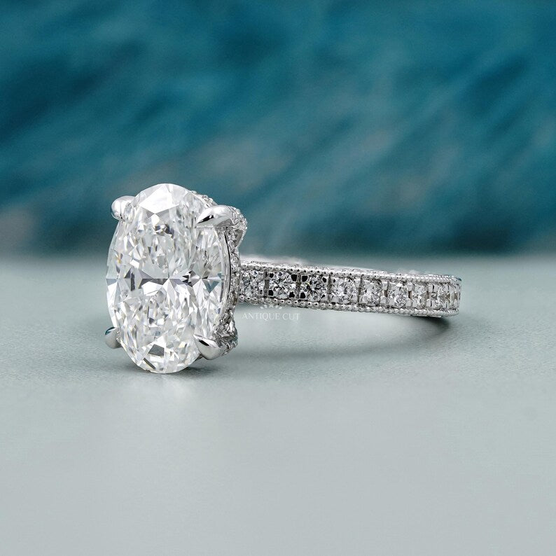 Lab grown oval engagement ring pave band