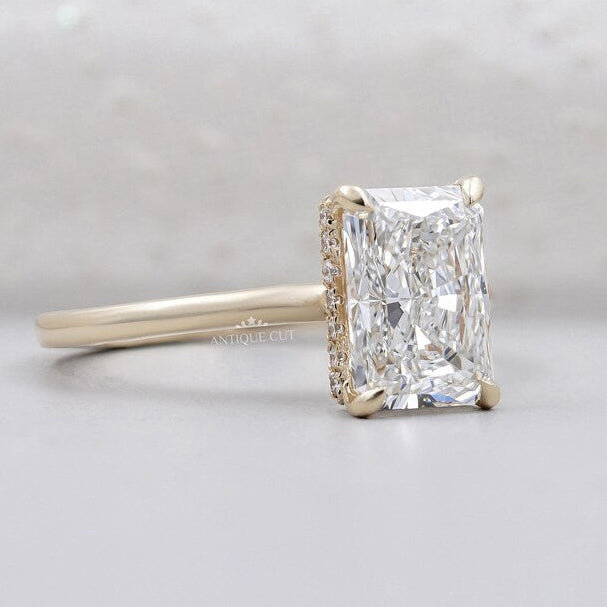 Hidden halo engagement ring radiant cut diamond