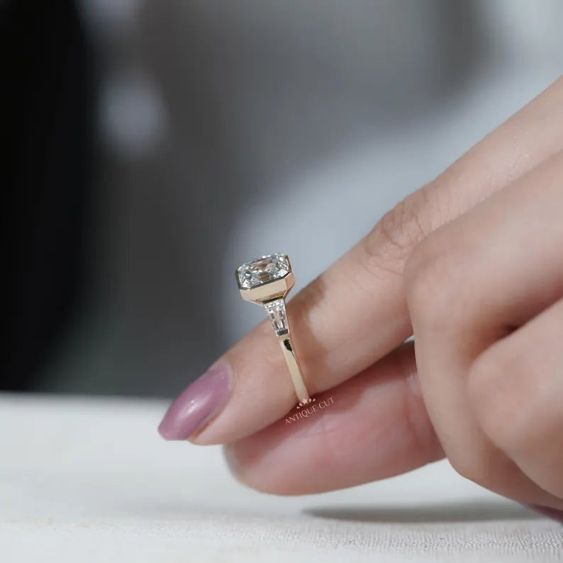 Modern bezel set diamond ring asscher shape