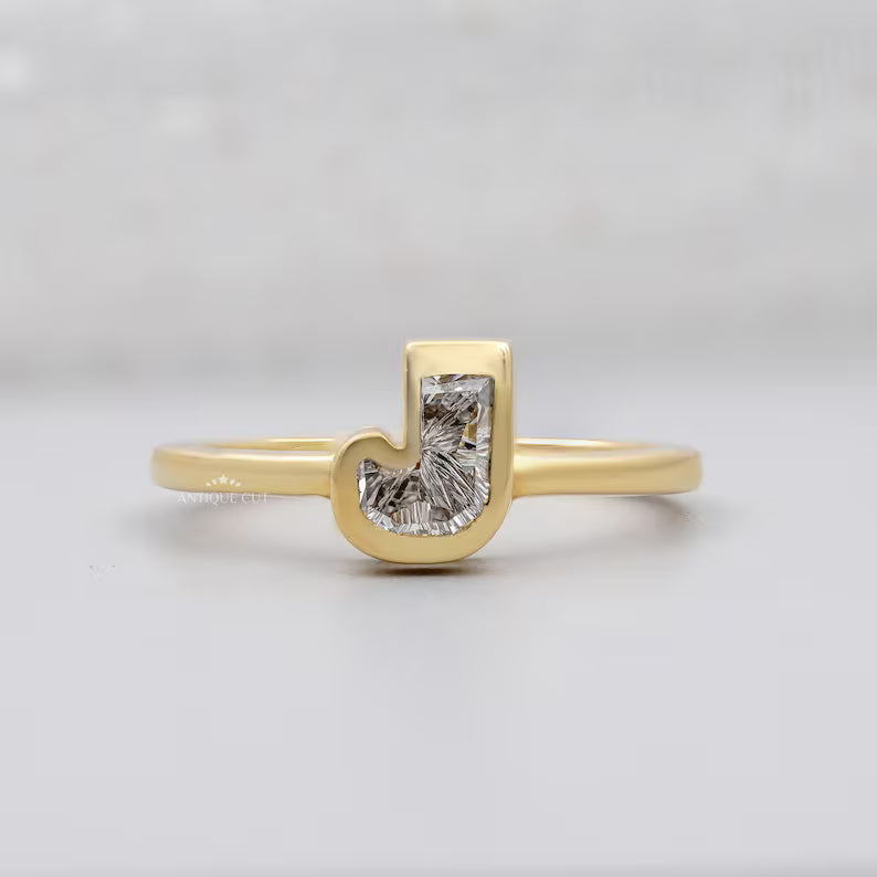J Shape Initial Design With Lab Grown Diamond Bezel Set Ring