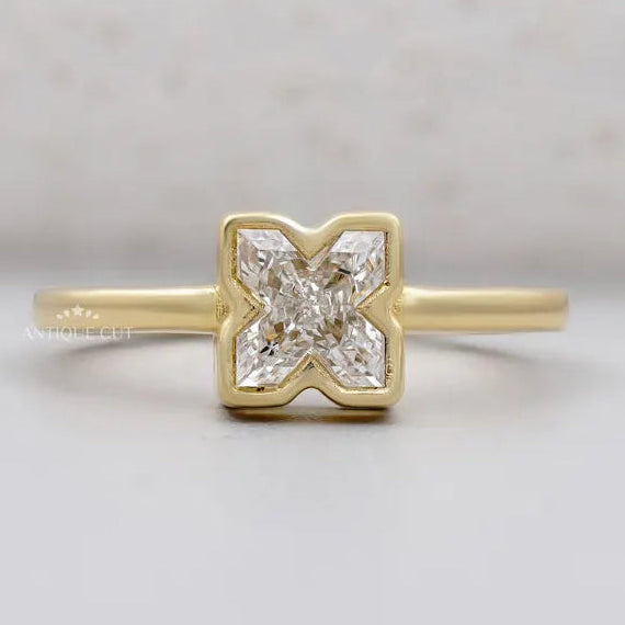 X Shaped Diamond Ring bezel setting yellow gold
