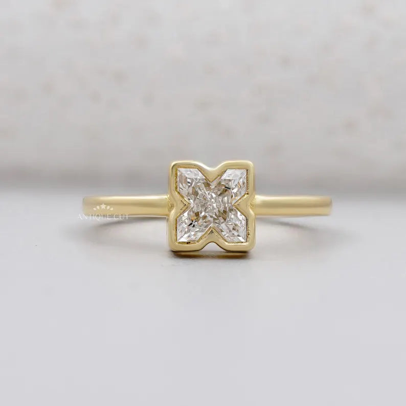 X Shaped Diamond Ring bezel setting yellow gold