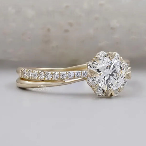 Floral halo engagement ring close-up