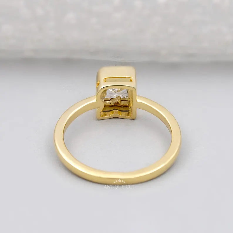 Antique cut R letter diamond ring yellow gold