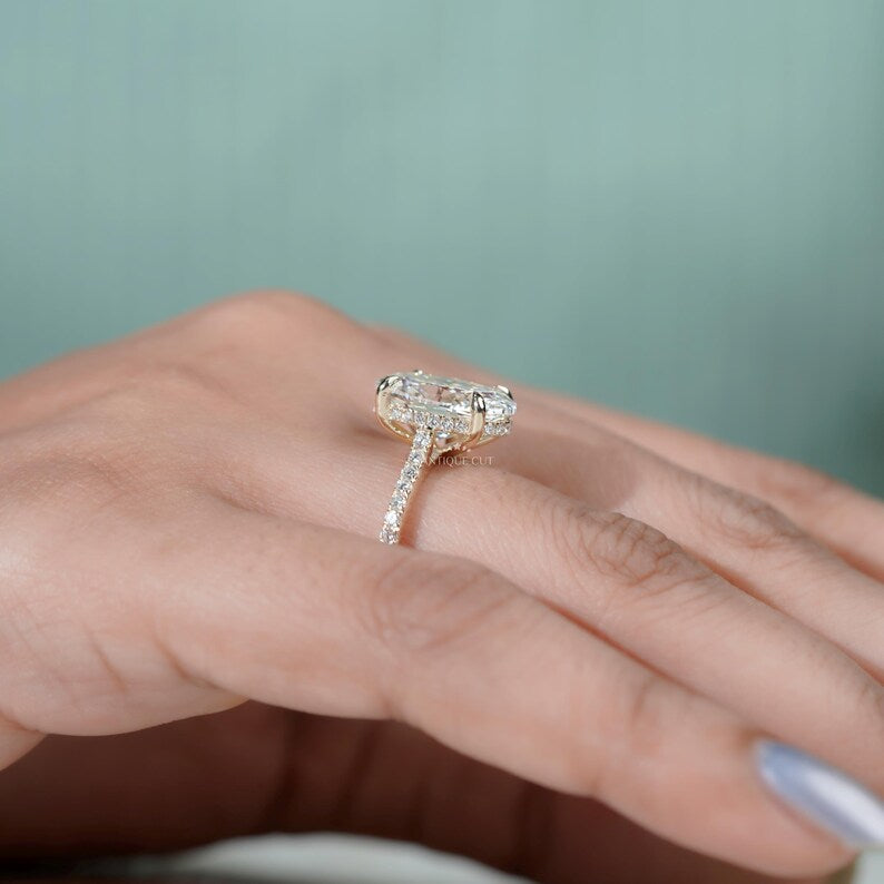 Contemporary oval diamond ring hidden halo pave band gold