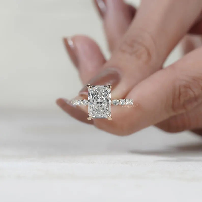Radiant Cut Engagement Ring | Diamond Hidden Halo Pave Band in Yellow Gold