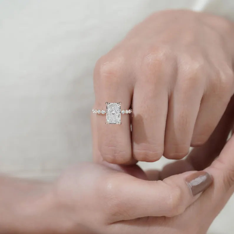 Radiant Cut Engagement Ring | Diamond Hidden Halo Pave Band in Yellow Gold