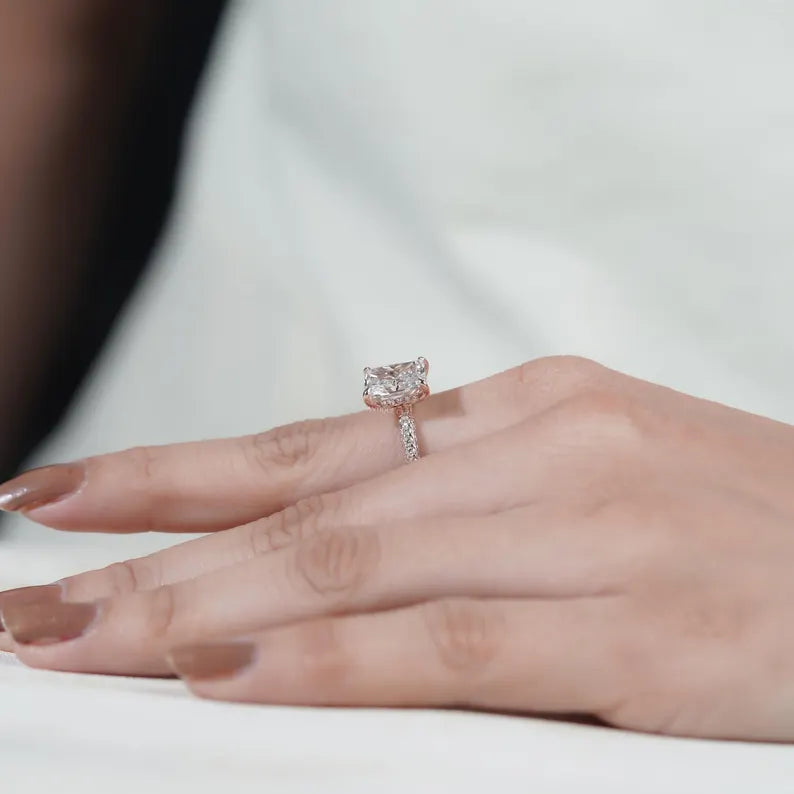 Refined radiant engagement ring with hidden halo rose gold