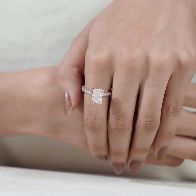 Contemporary radiant diamond ring hidden halo pave band