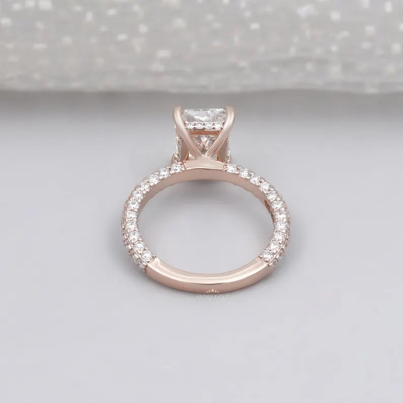 Elegant radiant cut engagement ring hidden halo pave gold