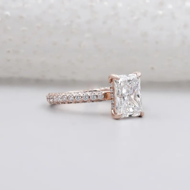 Rose gold radiant diamond ring with hidden halo pave diamonds