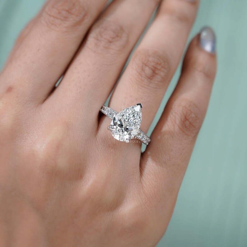 Ethical lab grown pear diamond ring pave band white gold