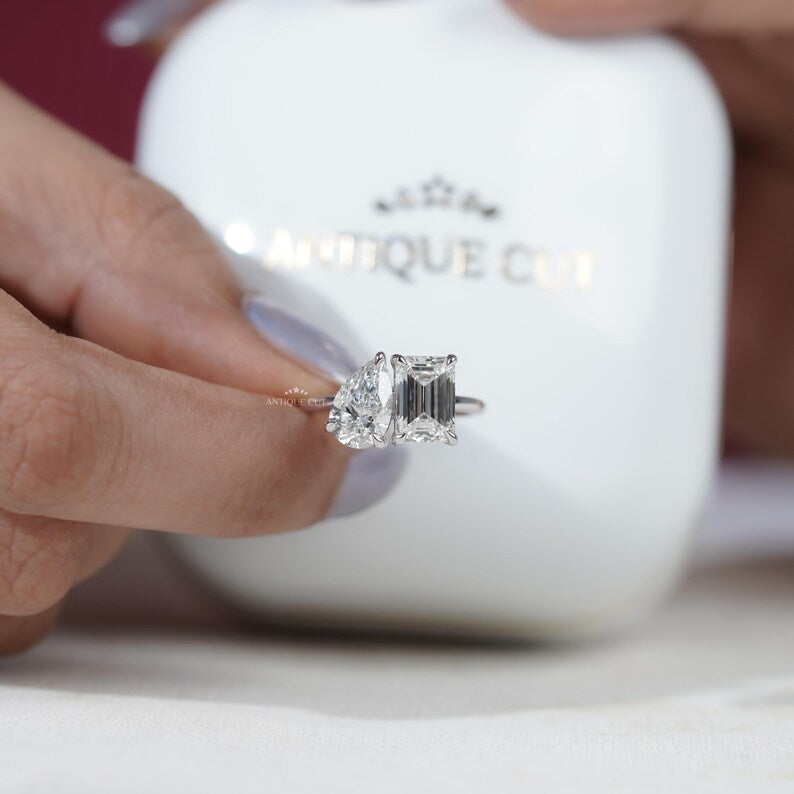 Luxury two stone diamond ring emerald pear white gold