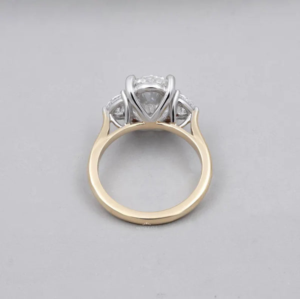 Oval Cut Ring with Half Moon Side stone Two tone ring