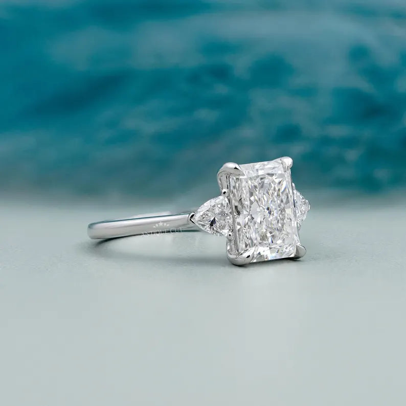 Elegant Radiant Cut Diamond, Three Stone Ring in White Gold