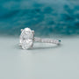 Oval solitaire diamond ring with white gold pave band
