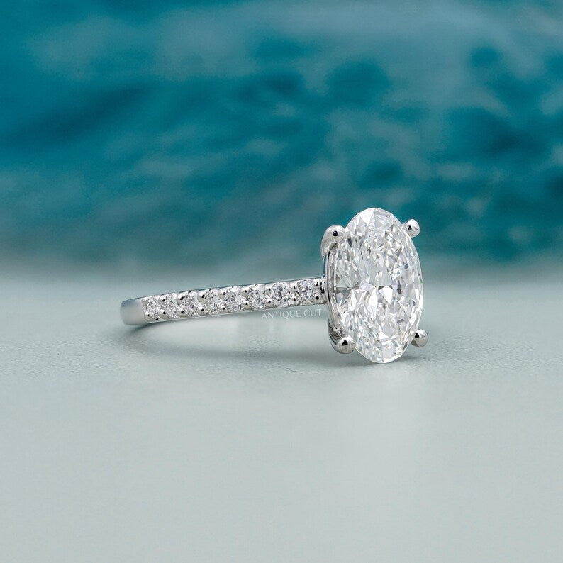 Oval Cut Diamond Ring with Pave Band in White Gold | IGI Certified