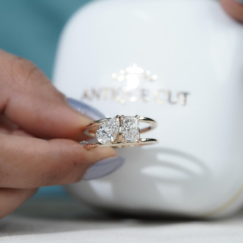 Yellow gold two stone diamond ring with sparkle