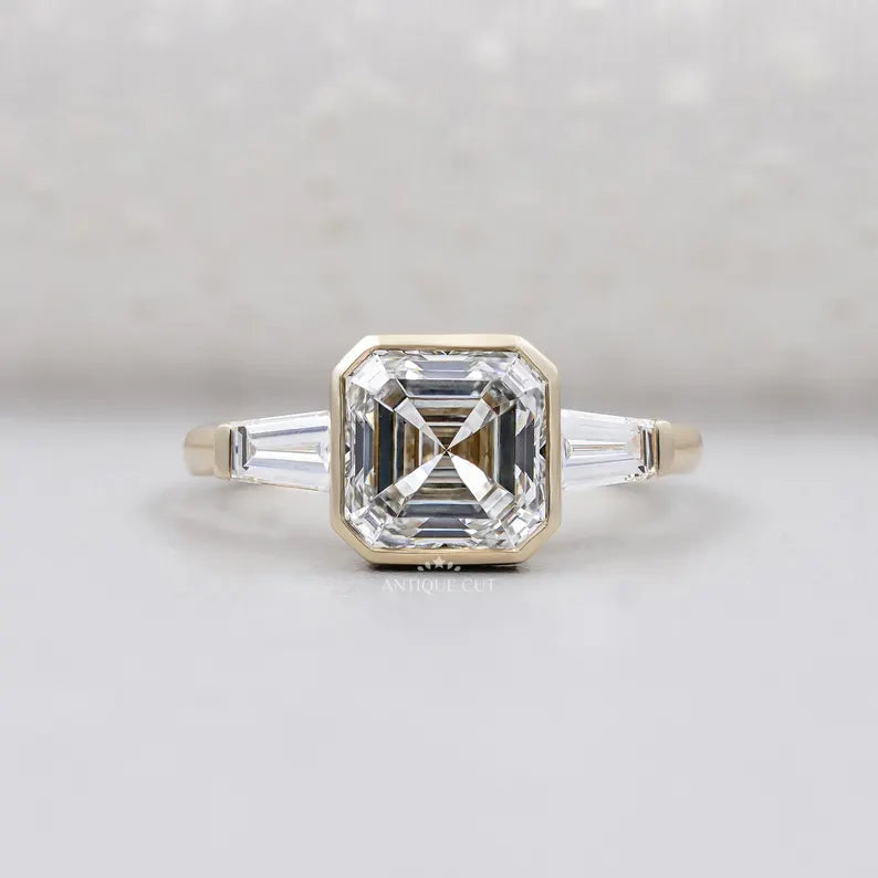 Asscher cut engagement ring bezel set design