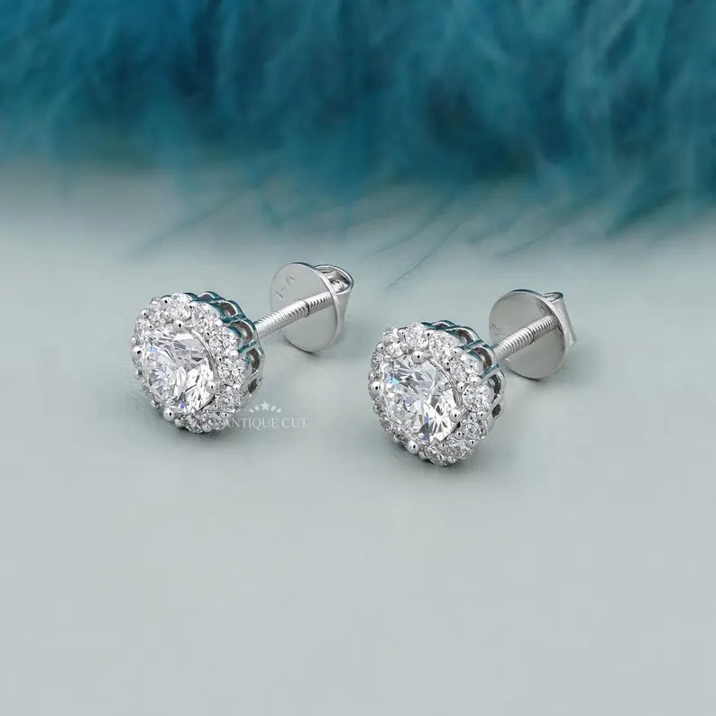 White gold halo diamond stud earrings