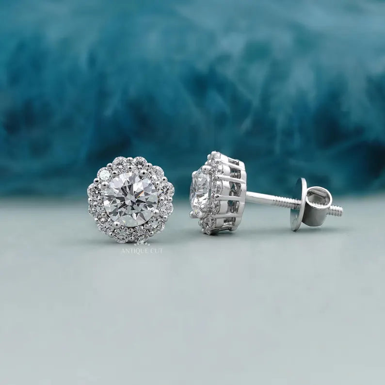 Solitaire diamond halo earrings round cut