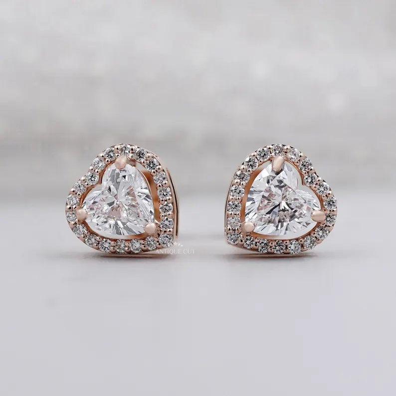 Heart Cut Diamond Stud Earrings | Diamond Halo Setting in Rose Gold | IGI Certified