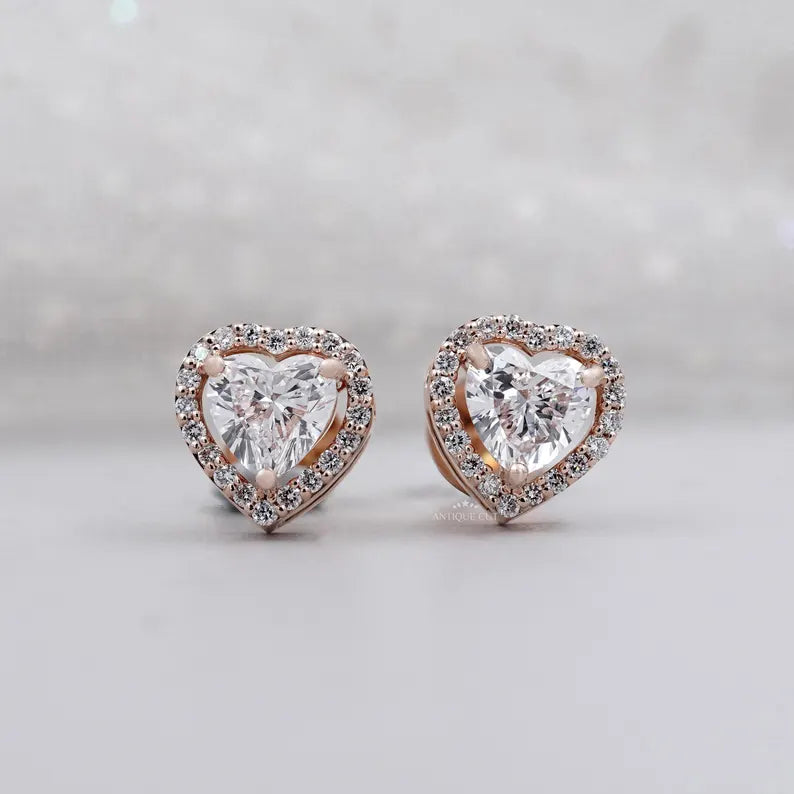 Heart Cut Diamond Stud Earrings | Diamond Halo Setting in Rose Gold | IGI Certified