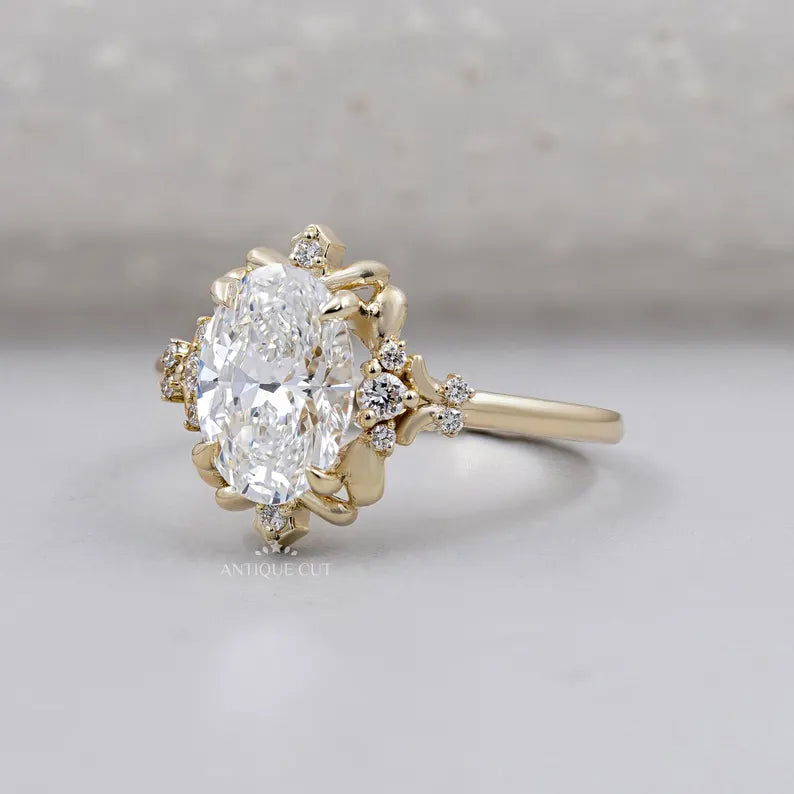 Vintage style floral halo engagement ring close-up