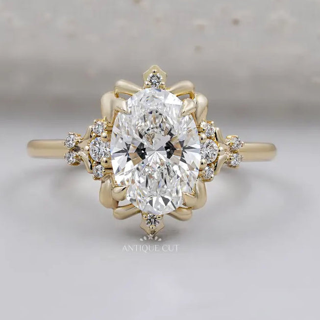 Floral halo engagement ring oval lab grown diamond