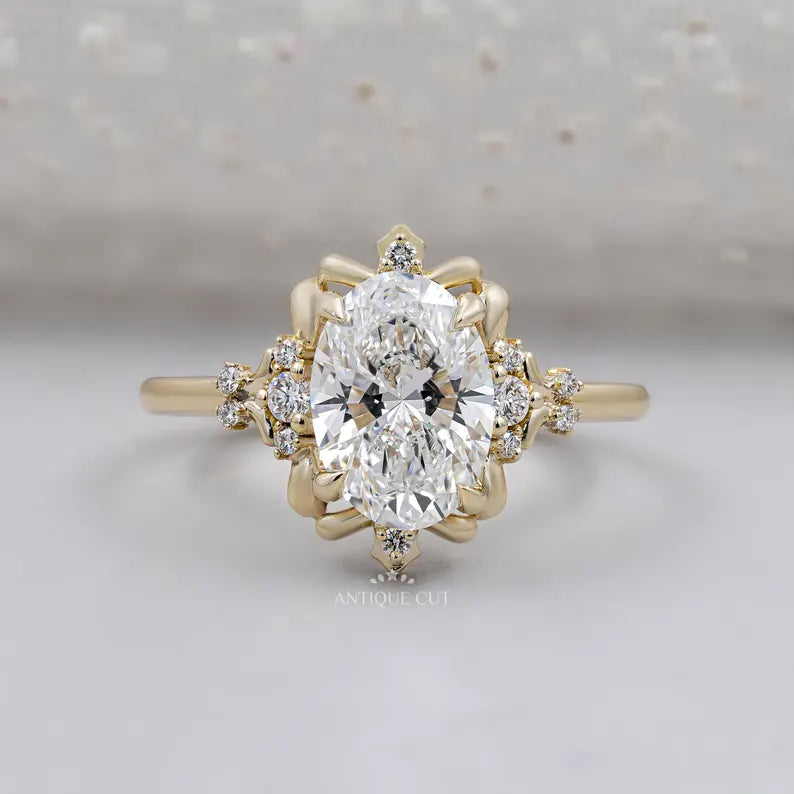 Floral halo engagement ring oval lab grown diamond