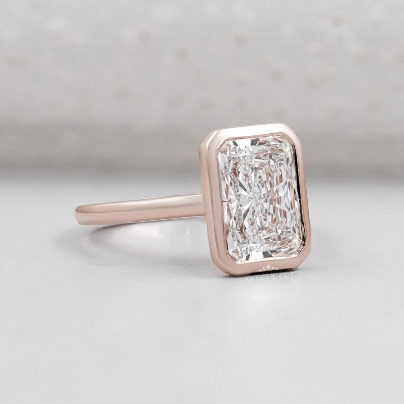 Bezel set diamond ring radiant cut close-up