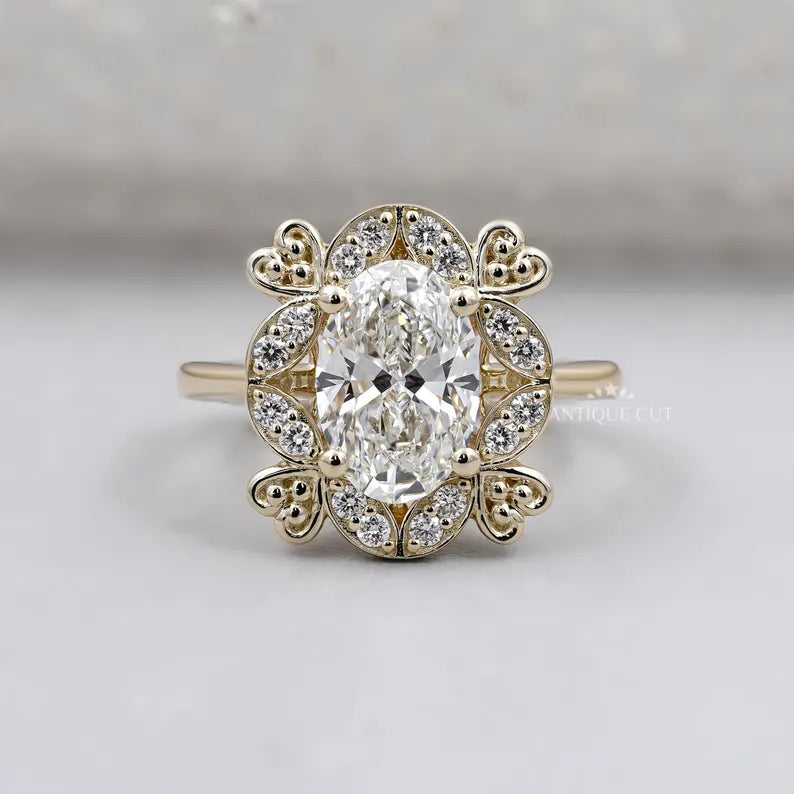 Oval cut diamond engagement ring with vintage halo